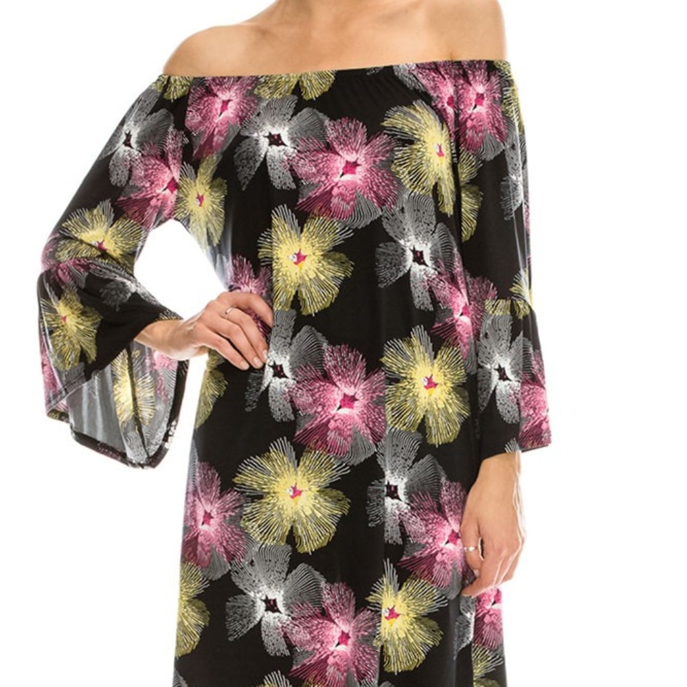 WATERMELON Boho On/Off Shoulder Raw Bell Sleeve Shift Casual Office Dress Small
